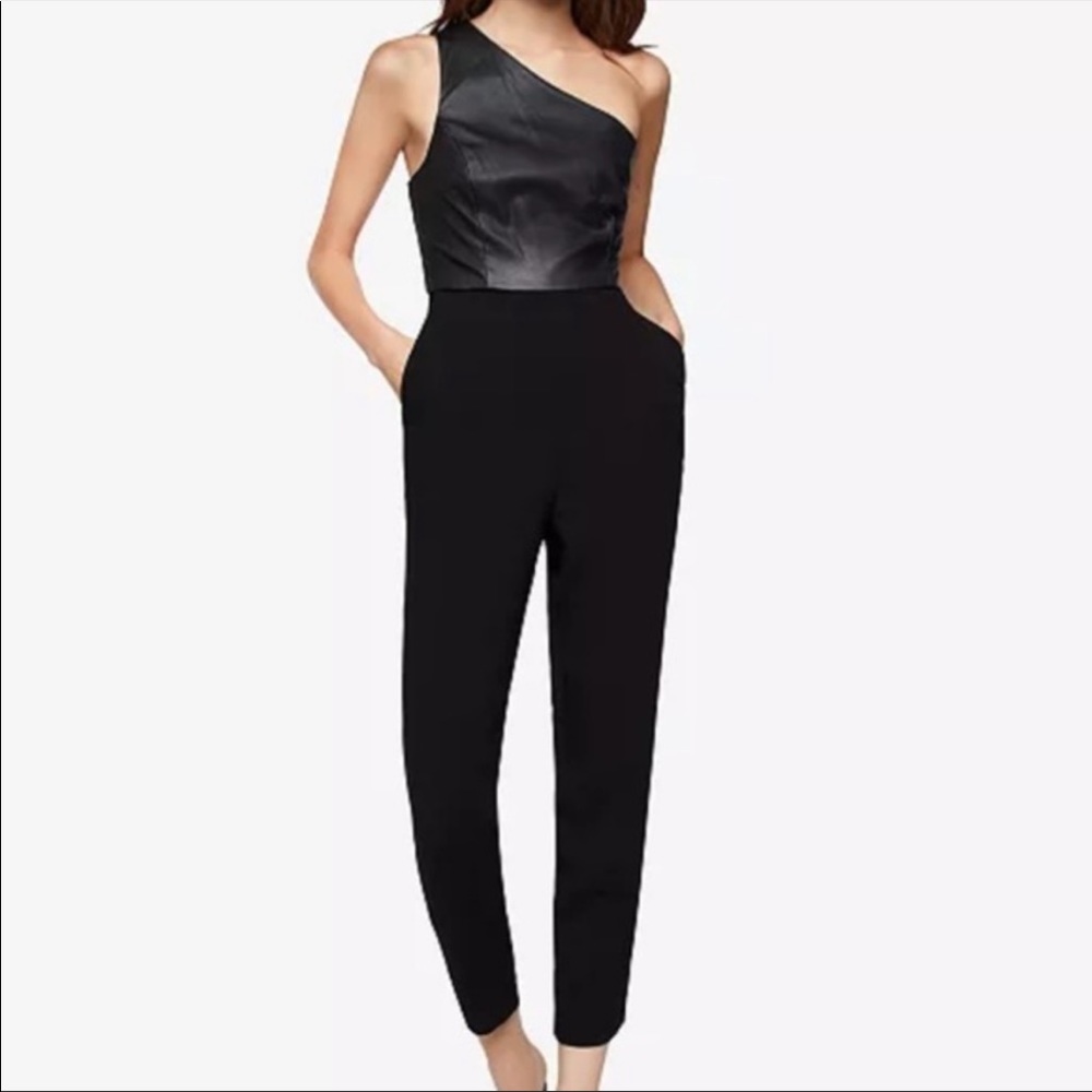 BCBG black one shoulder leather jumpsuit